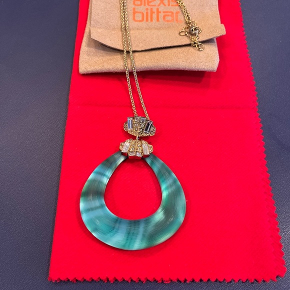 ALEXIS BITTAR TEAL LUCITE HORSESHOE NECKLACE W/ BAGUETTE + CHANNEL SET CRYSTALS - Picture 3 of 7